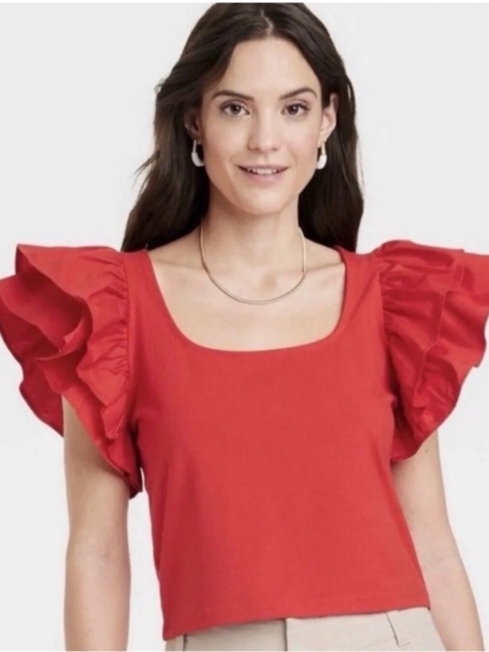 Red Ruffle Sleeve Top Flutter Sleeve Blouse Statement Shoulder Shirt